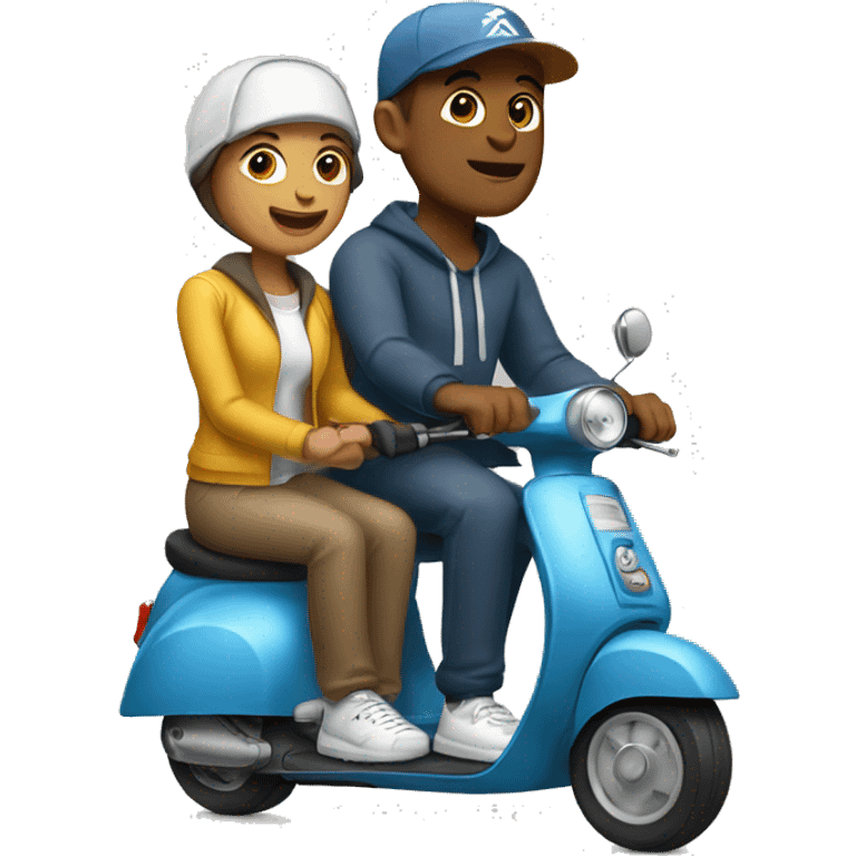 man and woman sitting on a scooter wearing   sweatpants and caps emoji