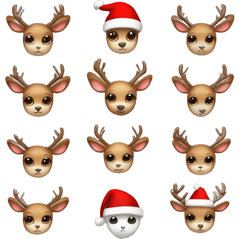 Create a cute deer emoji with soft brown fur, big kind eyes and horns. A red Christmas hat or a wreath of fir branches can be on the head to create a festive image emoji