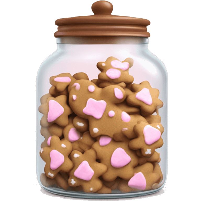 Realistic glass cookie jar with light pink lid full of gingerbread cookies isolated.  emoji