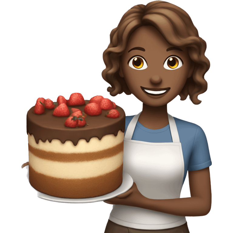 happy white girl- brown hair- cooking holding food cake  emoji