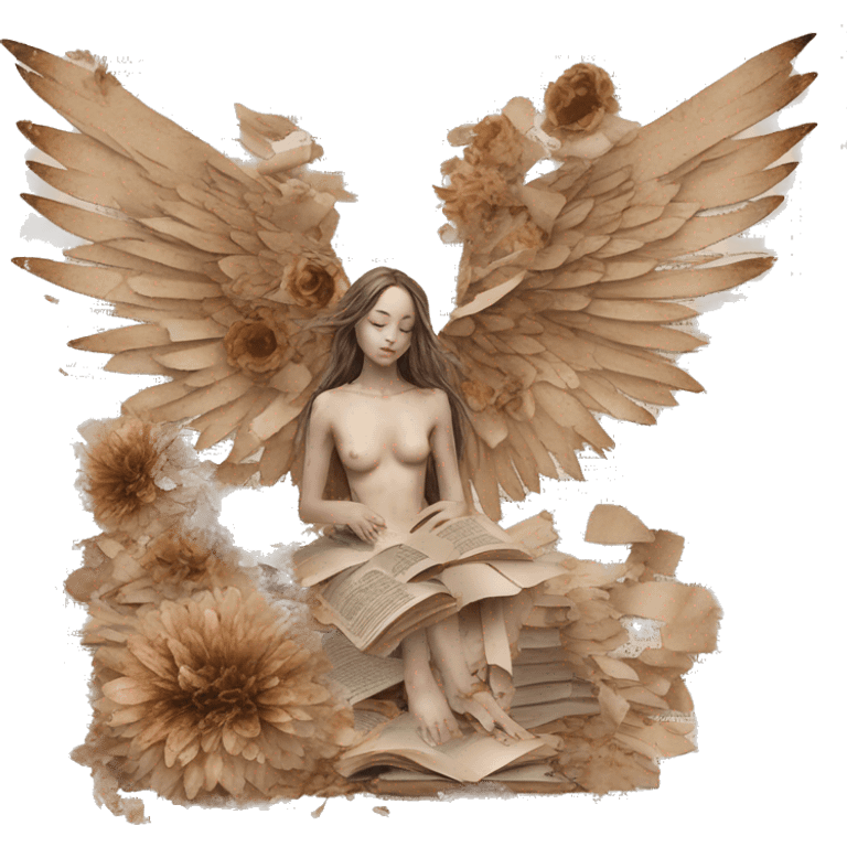 Library book bookworm academia aesthetic beige angel broken angel fallen angel tattoos with broken wing damaged wing torn wing, made of newspaper cuttings and dried flowers brown flowers emoji