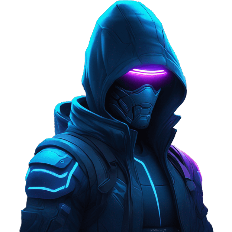 Hacker behind his laptop with this style : crysis Cyberpunk Valorant neon glowing bright blue character blue black hooded assassin themed character emoji