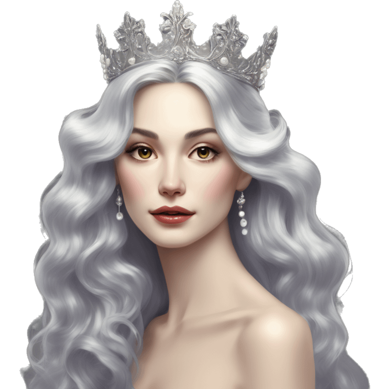 Regal pretty slender woman photograph defined cheekbones high cheekbones crown vintage with very long iridescent black and silver hair wavy long hair pearl crown iridescent emoji