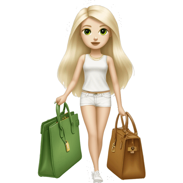 Blonde skinny girl with green eyes and pale skin with white pomeranian and Hermes birkin bag emoji