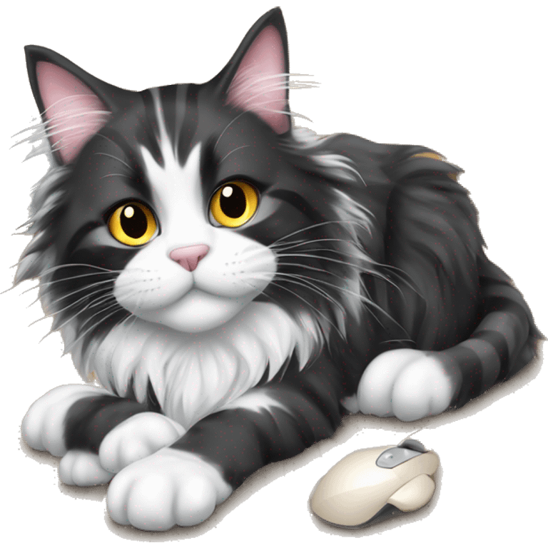 A black and white Maine Coon cat stands on the floor with his paws and holds a mouse in his hands emoji