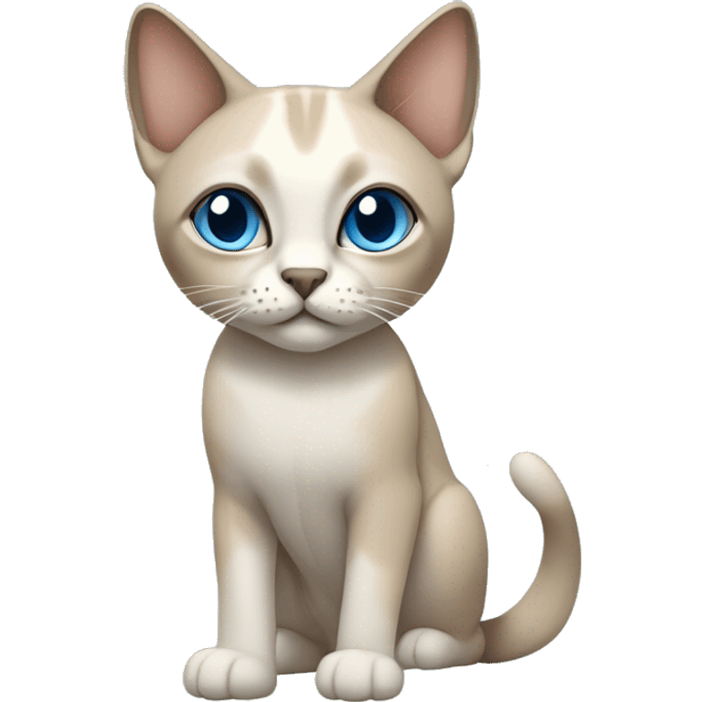 Thai breed adult cat with a light cream-brown body, dark gray nose and face, ears, and paws. sharp ears, and striking light blue eyes  emoji