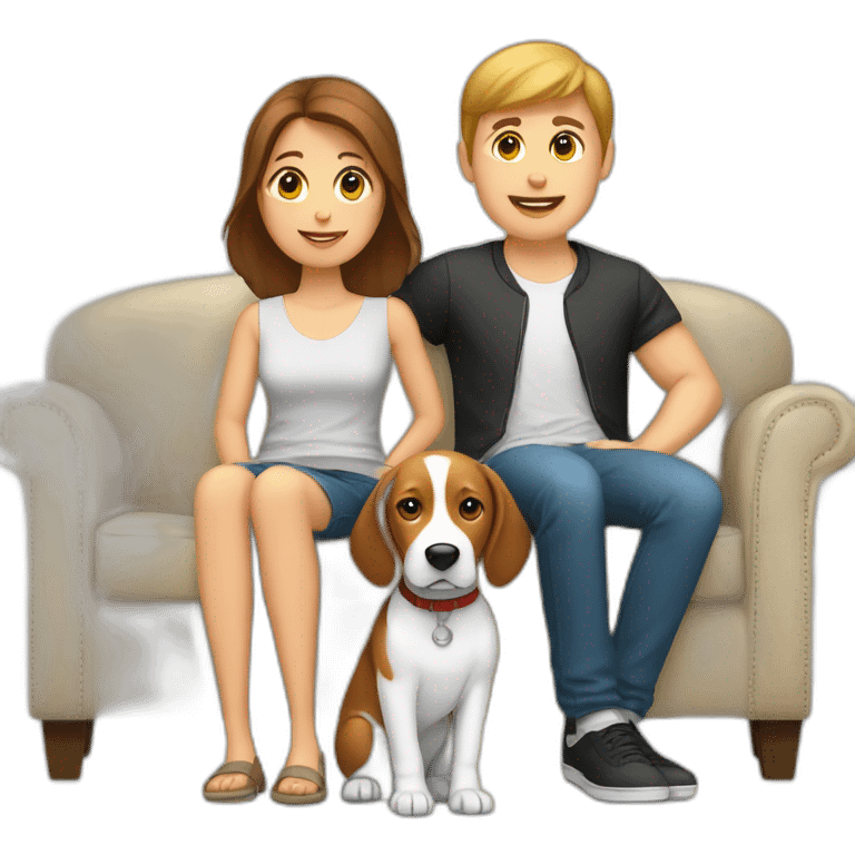 Brown hair White boy and girl with beagle Sit on couch emoji