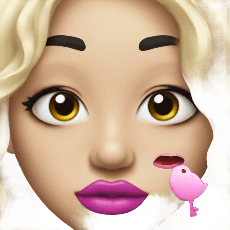 face with duck lips and peace sign with pink lipstick and blonde hair emoji