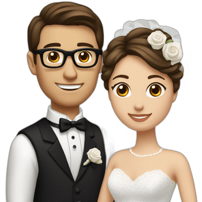 Wedding couple. Bride has brown hair pinned up. She wears lace dress. She has brown eyes. Groom has black tuxedo. He has black hair. He wears glasses. He has blue eyes. emoji