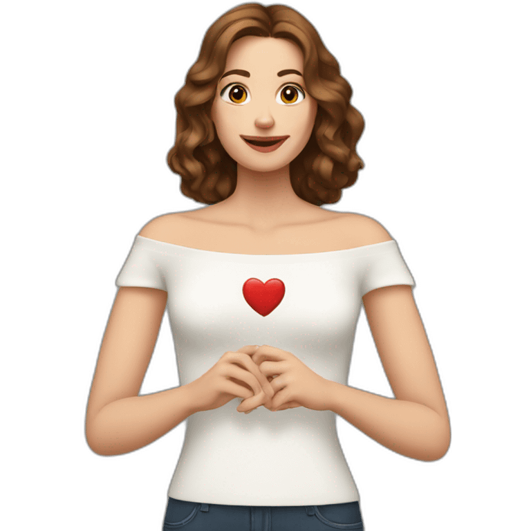 white woman with shoulder-length wavy brown hair, wearing an off-shoulder top, and making heart with her hands emoji