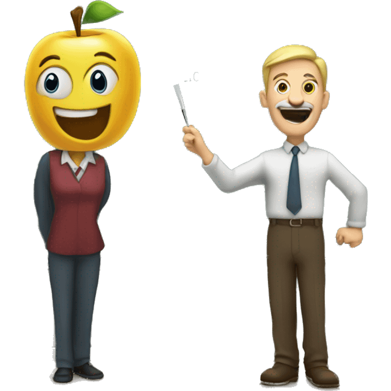 teacher drooling in front of chalkboard, with ruler and apple emoji