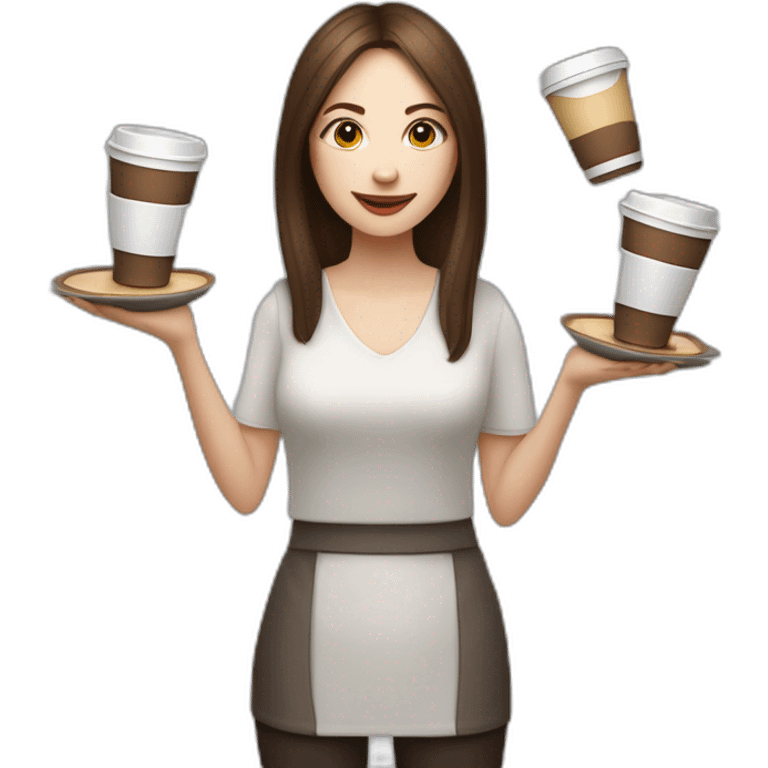 woman juggler with long straight brown hair and pale skin juggling both coffee cups and miniature laptops in the air emoji