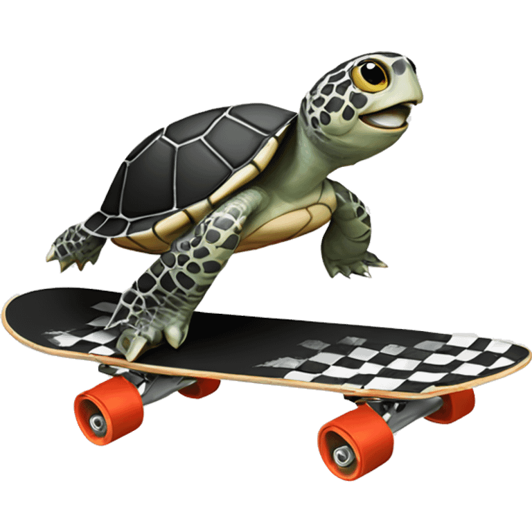 Black and white checkered turtle riding a skateboard emoji