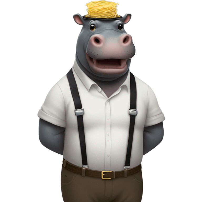 Hippo in suspenders with noodles on his back emoji