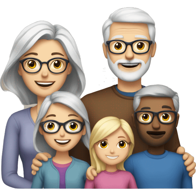 family with a mom that has grey hair and glasses, a dad with blonde hair, glasses and a beard, and two young adult daughters with brown hair emoji