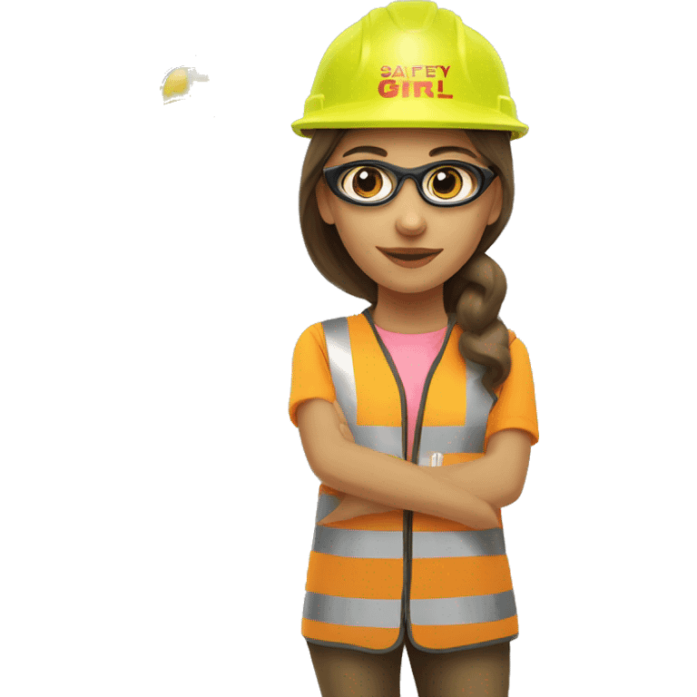 Safety girl hard hat safety glasses yellow reflective vest and security badge emoji