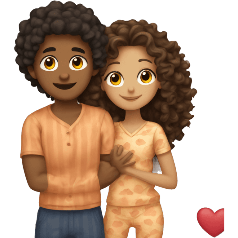 a curly brown haired girl slightly tanned hugging a tanned guy with curly black hair wearing cute pjs emoji