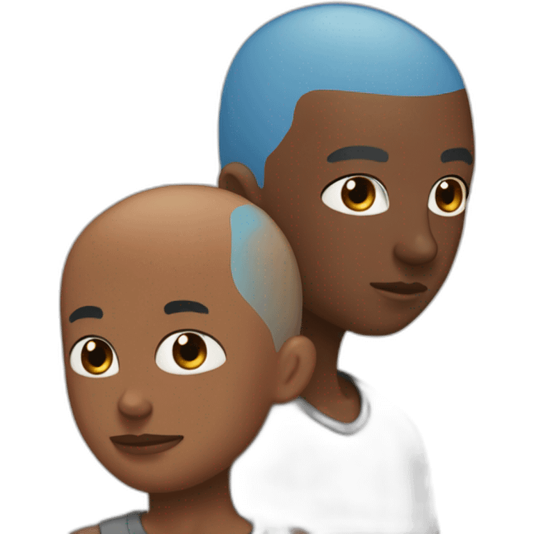 Shaved head blue eye man kisses shaved head brown skin man emoji