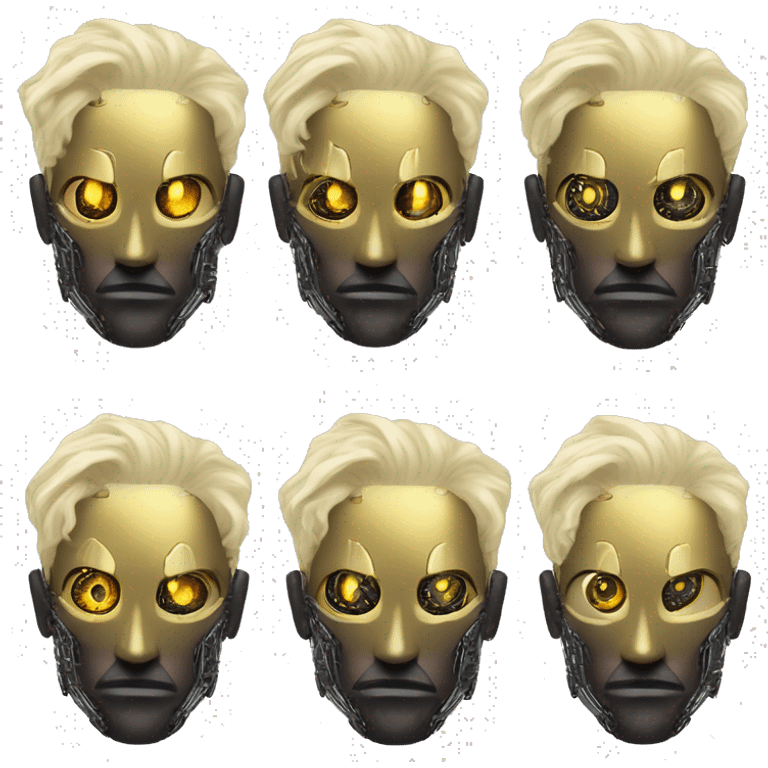 black metal male cyborg head with  one artificial eyeball, circuitry, goatee and dreaded yellow gold hair emoji