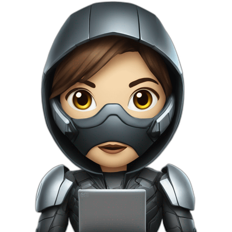 Girl developer behind his laptop with this style : Crytek Crysis Video game with nanosuit character hacker themed character emoji