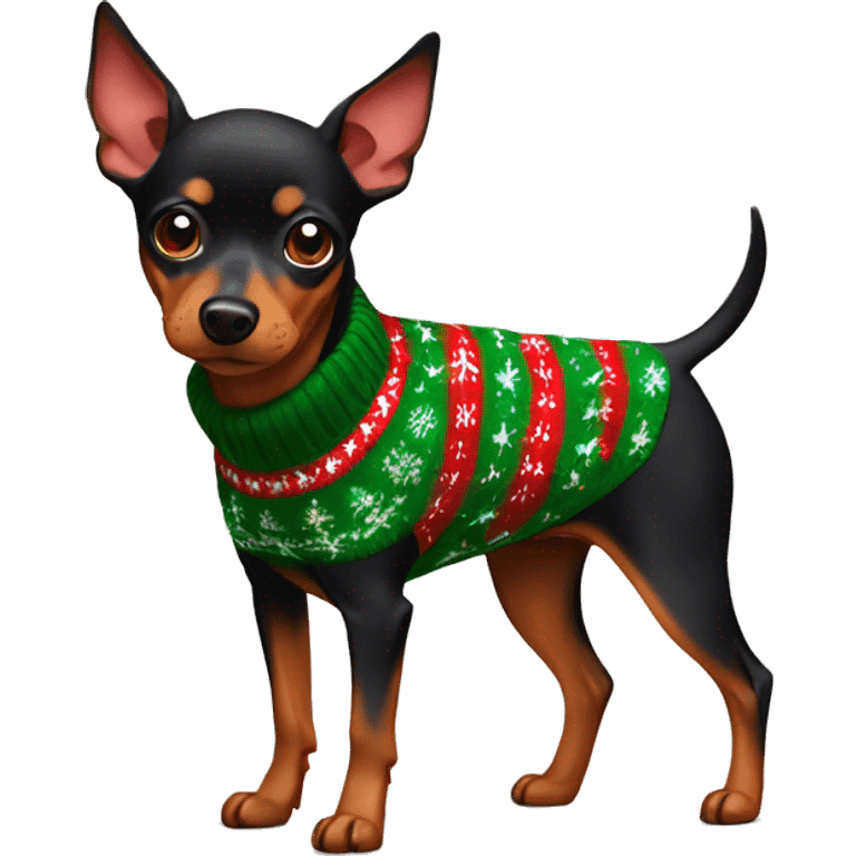 Minuture pinscher wearing a Christmas sweater emoji