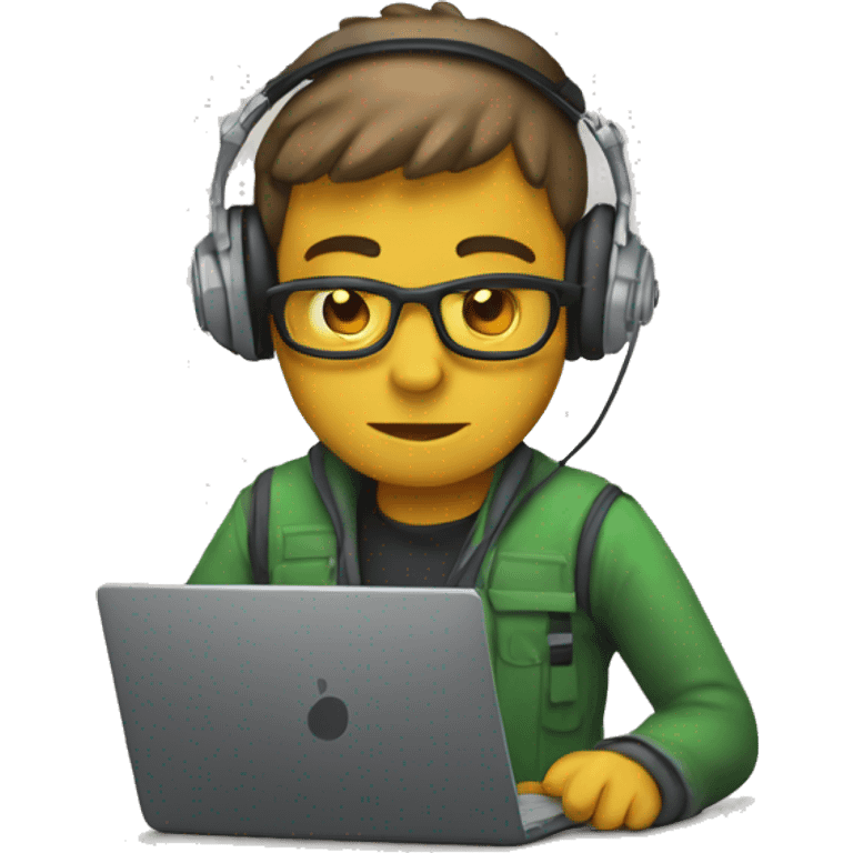 Coder with a laptop in front and headphones on his head emoji