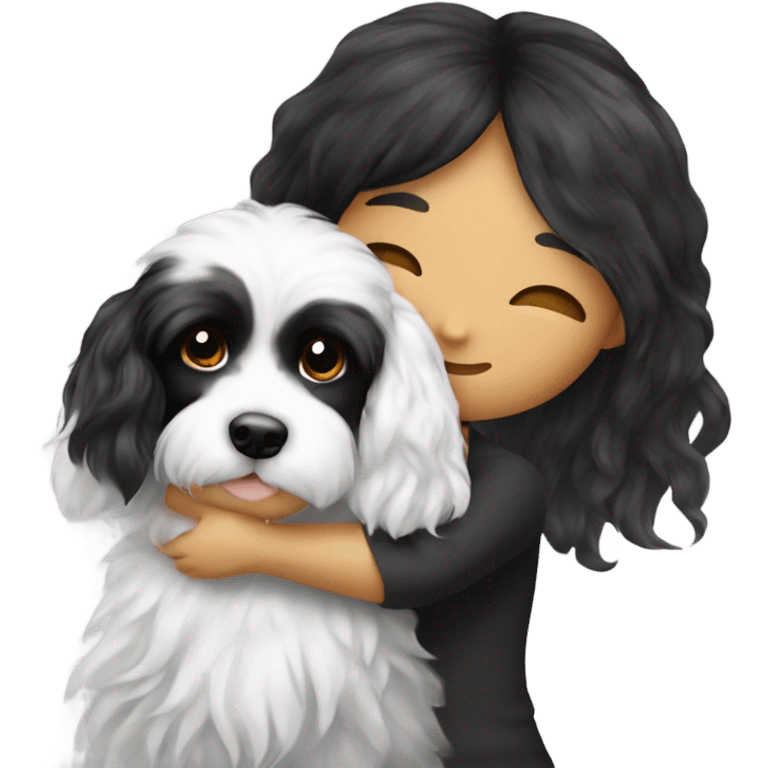 Black and white cavoodle getting hugged by long hair Asian girl emoji