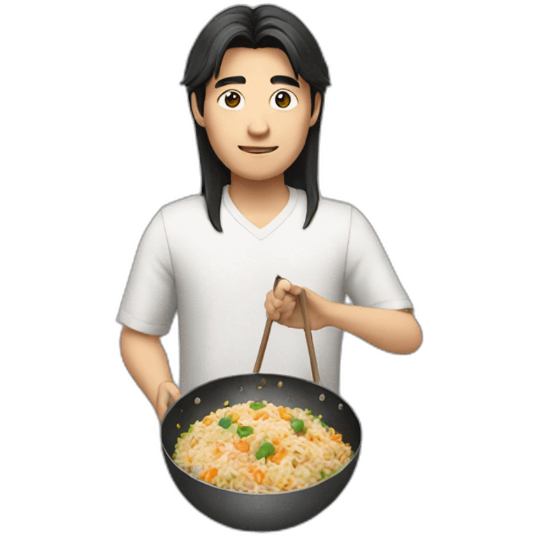 asian guy with long hair holding a wok that has fried rice in it emoji