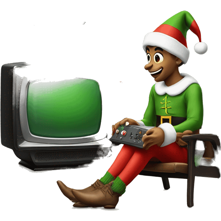 Realistic Christmas elf playing a video game in front of a retro TV set. emoji