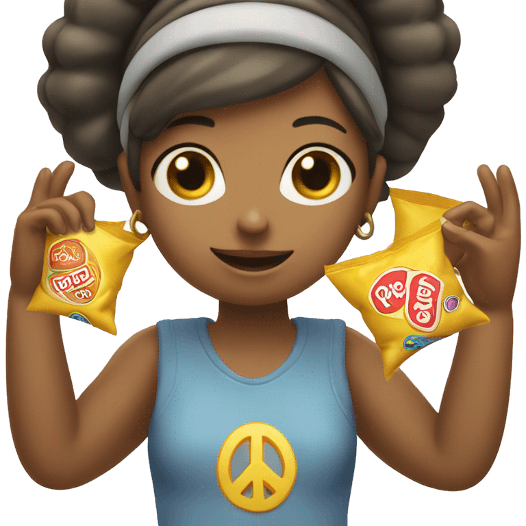 girl holding up peace sign with bag of chips on head emoji