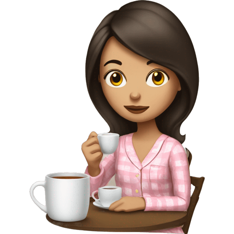 Brunette woman in pajamas drinking tea emoji