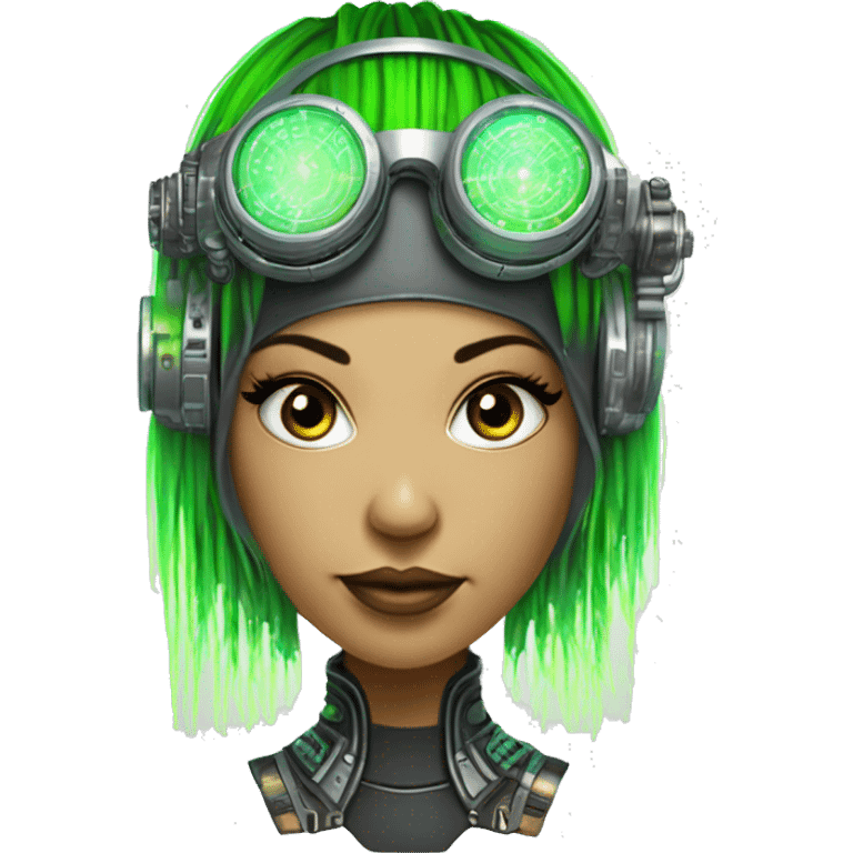 Neon green bobbed hair Latina female cyborg head with silver steampunk goggles and circuits emoji