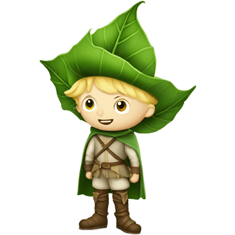 whimsical fairytale medieval pale boy who is tiny and wearing a giant leaf hat and big boots emoji