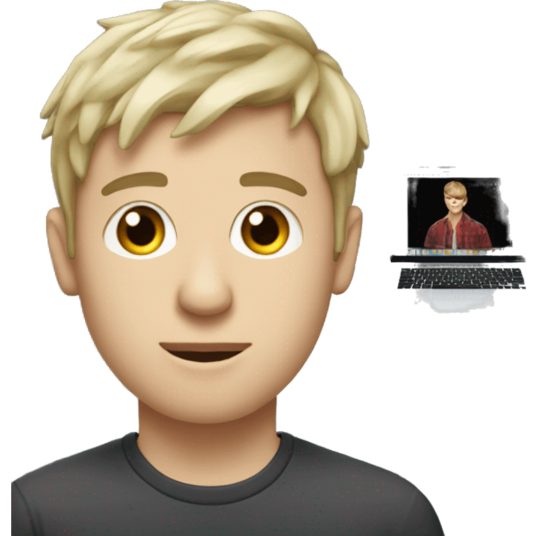 white boy Music producer with a macbook, short hair with fringe emoji