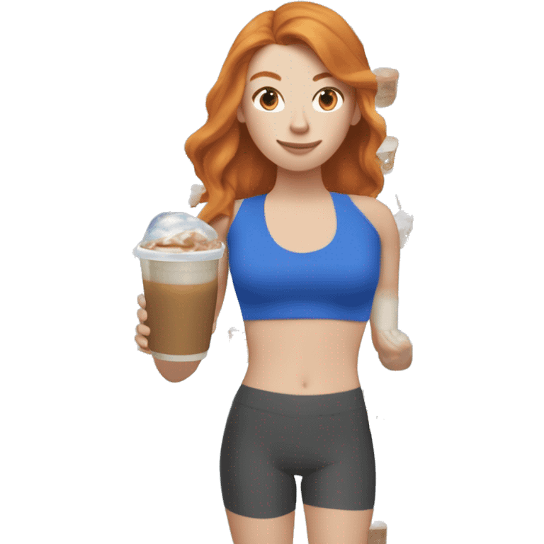 Ginger straight haired white girl in blue sports bra and leggings and birkenstocks drinking iced coffee emoji