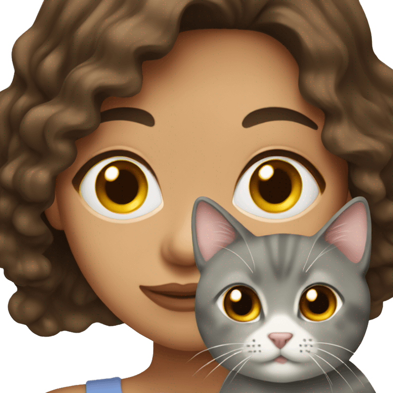 pretty wavy brunette woman with brown eyes holding grey cat emoji