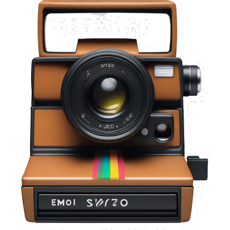 Sx-70 foldable polaroid with metal and leather body,At the top of the camera is a viewfinder that appears once unfolded, allowing users to compose their shots. The lens, located in the center front of the camera, features a glass lens emoji