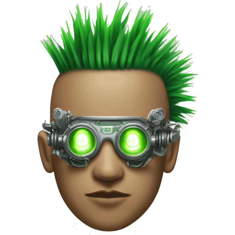 Green Mohawk hair male cyborg head with white steampunk goggles and circuits emoji