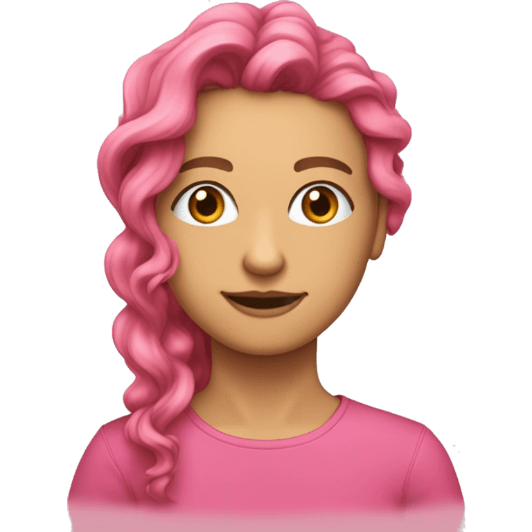 Cabelo rosa, ondulado, na altura dos ombros, olhos casanhos claros e pele parda emoji