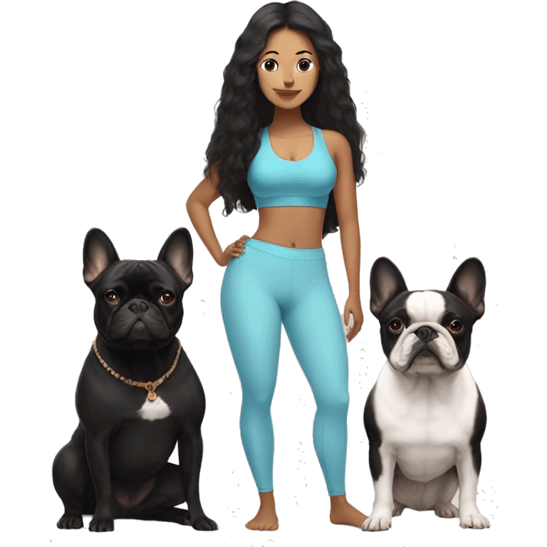 latin women with long black hair in yoga outfit standing alongside two french bulldogs  emoji