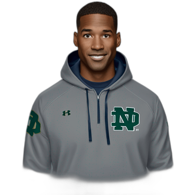 marcus freeman head coach of the university of notre dame wearing under armour sweatshirt hoodie with irish on it emoji