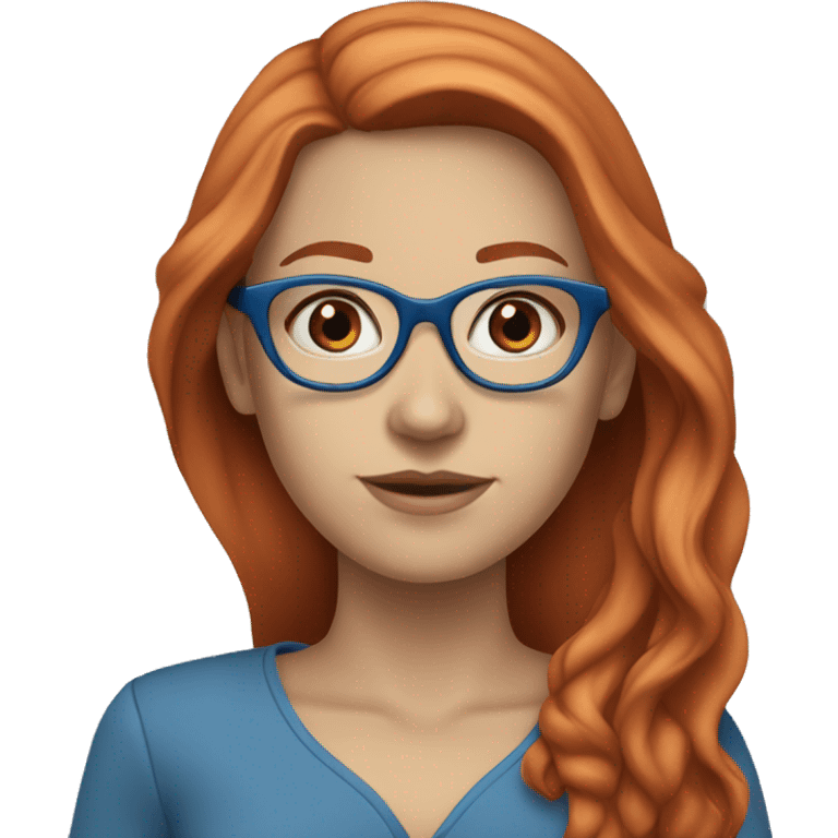 White-girl-with-long-hair-red-head-eyes-blue-wearing-glasses-blouse-formal-blue emoji