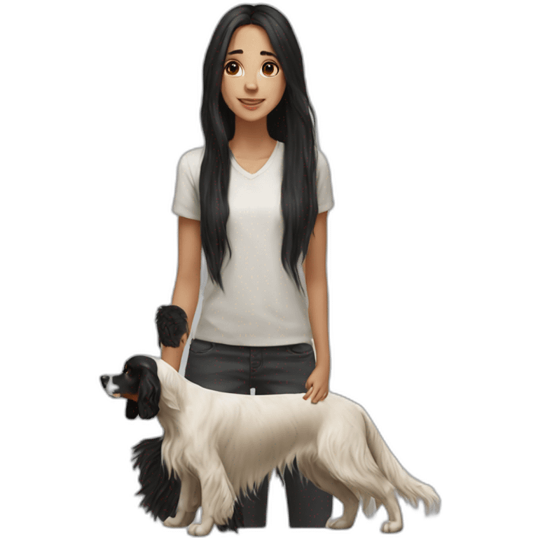 hyperrealist caucasian girl black long hair with brown english setter dog emoji