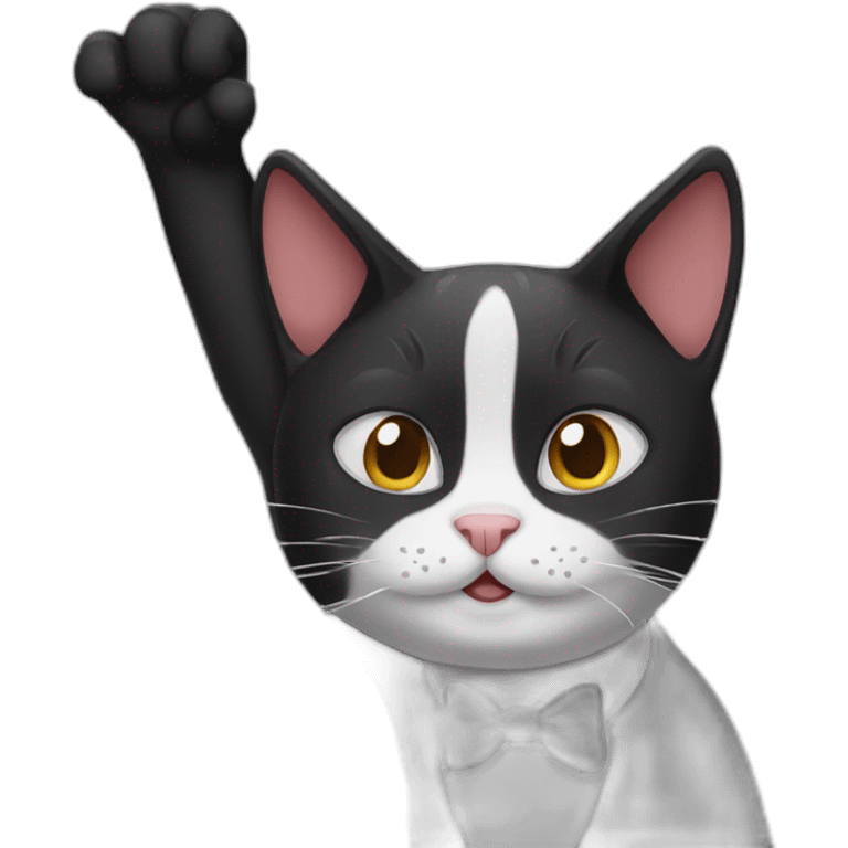 Tuxedo cat waving hell emoji