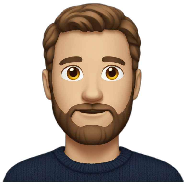 Man with brown hair and trimmed beard and navy sweater emoji