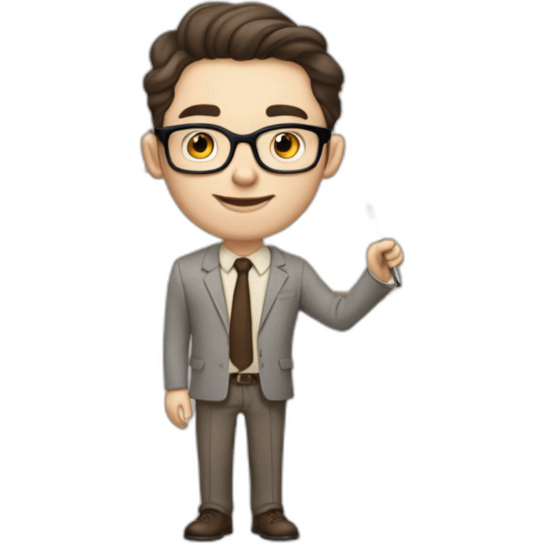 Pale skinned fit man with dark brown hair in gray jacket, beige office shirt, brown tie, brown pants and vintage glasses Writing on the flipchart emoji