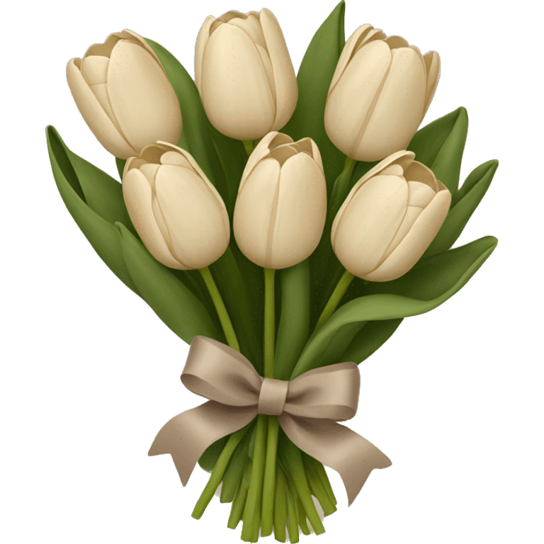 Beige tulips with a taupe bow holding bouquet together emoji