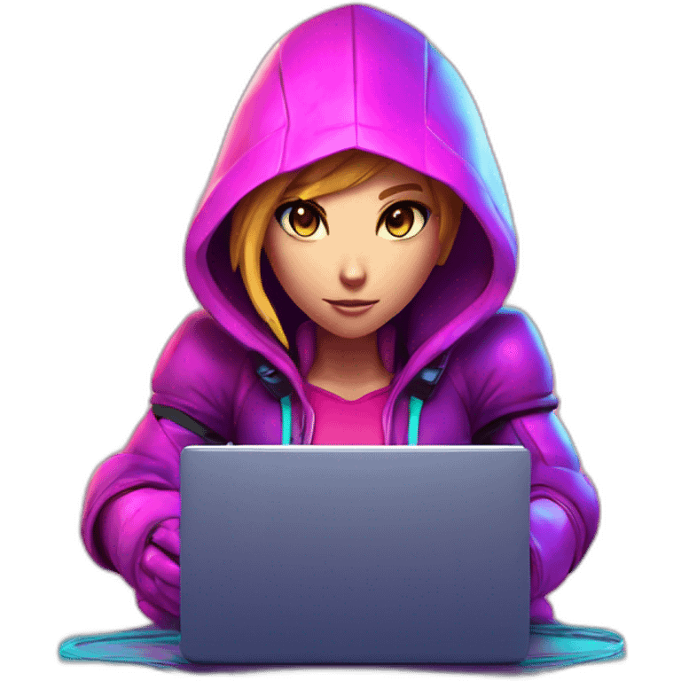 Girl developer behind his laptop with this style : Nintendo Samus Video game neon glowing bright purple character pink lack hooded hacker themed character emoji