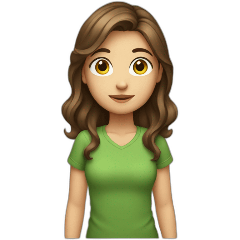 girl middle length brown hair, green t shirt, camera in the hands emoji