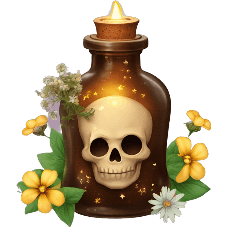 Brown magic fairy light sparkling old Antique bottle with poison and with herbal and flowers emoji